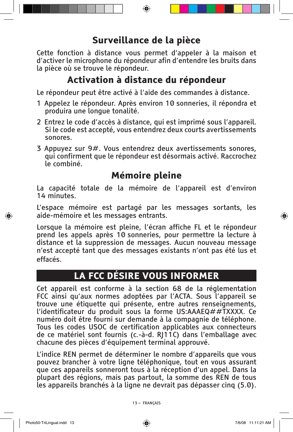 Surveillance de la pièce, Activation à distance du répondeur, Mémoire pleine | La fcc désire vous informer | ClearSounds Photo50 V608 User Manual | Page 47 / 52