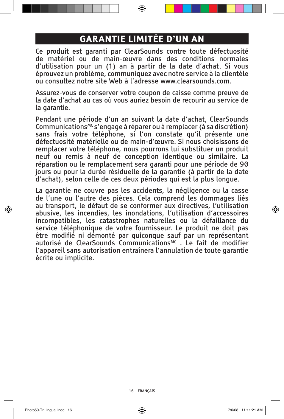 Garantie limitée d’un an | ClearSounds Photo50 V608 User Manual | Page 50 / 52