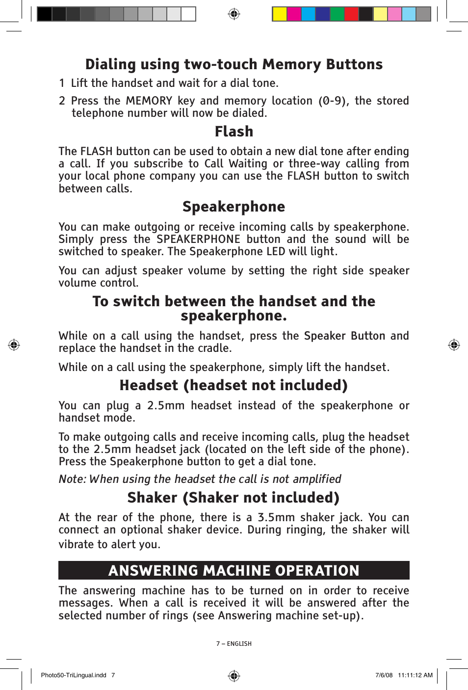 Flash, Speakerphone, Headset (headset not included) | Shaker (shaker not included), Answering machine operation | ClearSounds Photo50 V608 User Manual | Page 7 / 52