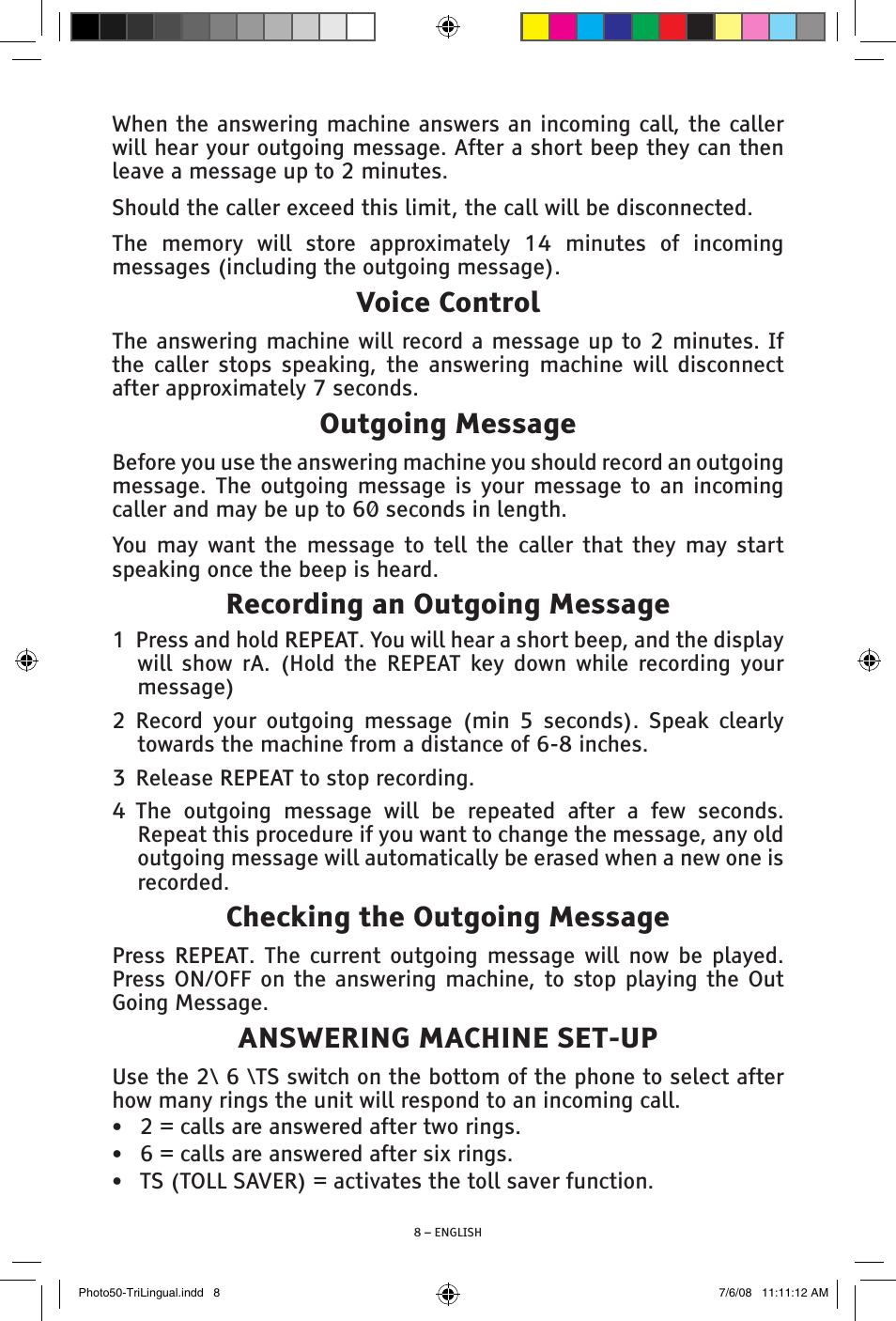 Voice control, Outgoing message, Recording an outgoing message | Checking the outgoing message, Answering machine set-up | ClearSounds Photo50 V608 User Manual | Page 8 / 52