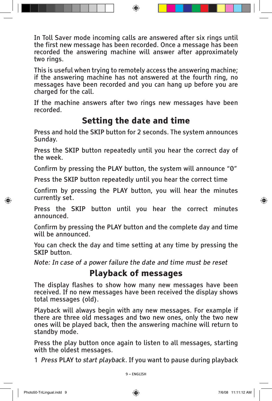 Setting the date and time, Playback of messages | ClearSounds Photo50 V608 User Manual | Page 9 / 52