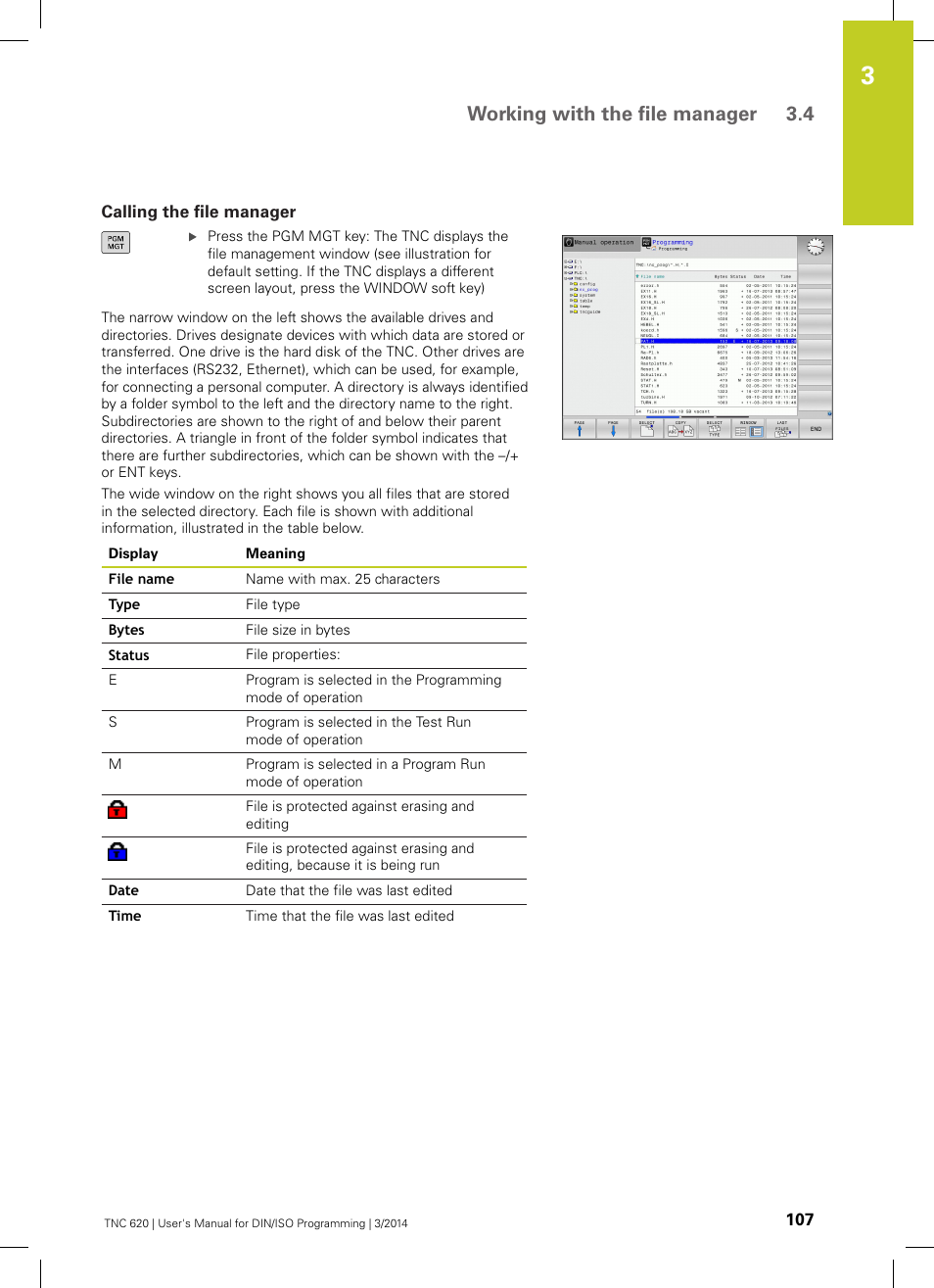 Calling the file manager, Working with the file manager 3.4 | HEIDENHAIN TNC 620 (81760x-01) ISO programming User Manual | Page 107 / 584