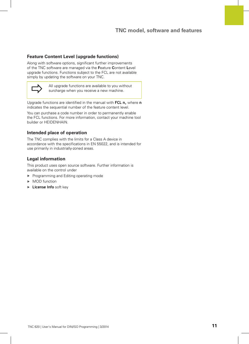 Feature content level (upgrade functions), Intended place of operation, Legal information | Tnc model, software and features | HEIDENHAIN TNC 620 (81760x-01) ISO programming User Manual | Page 11 / 584