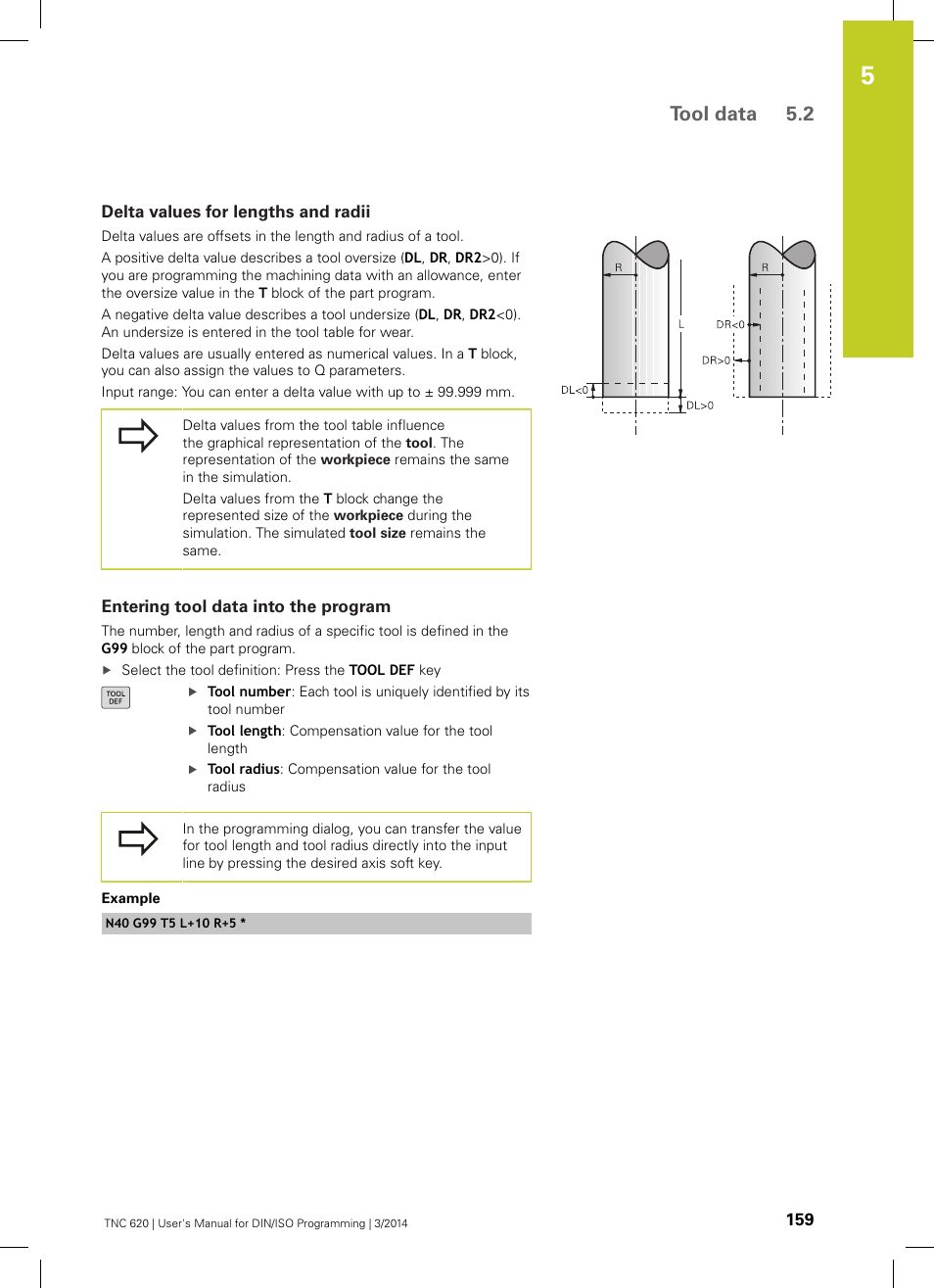 Delta values for lengths and radii, Entering tool data into the program, Tool data 5.2 | HEIDENHAIN TNC 620 (81760x-01) ISO programming User Manual | Page 159 / 584