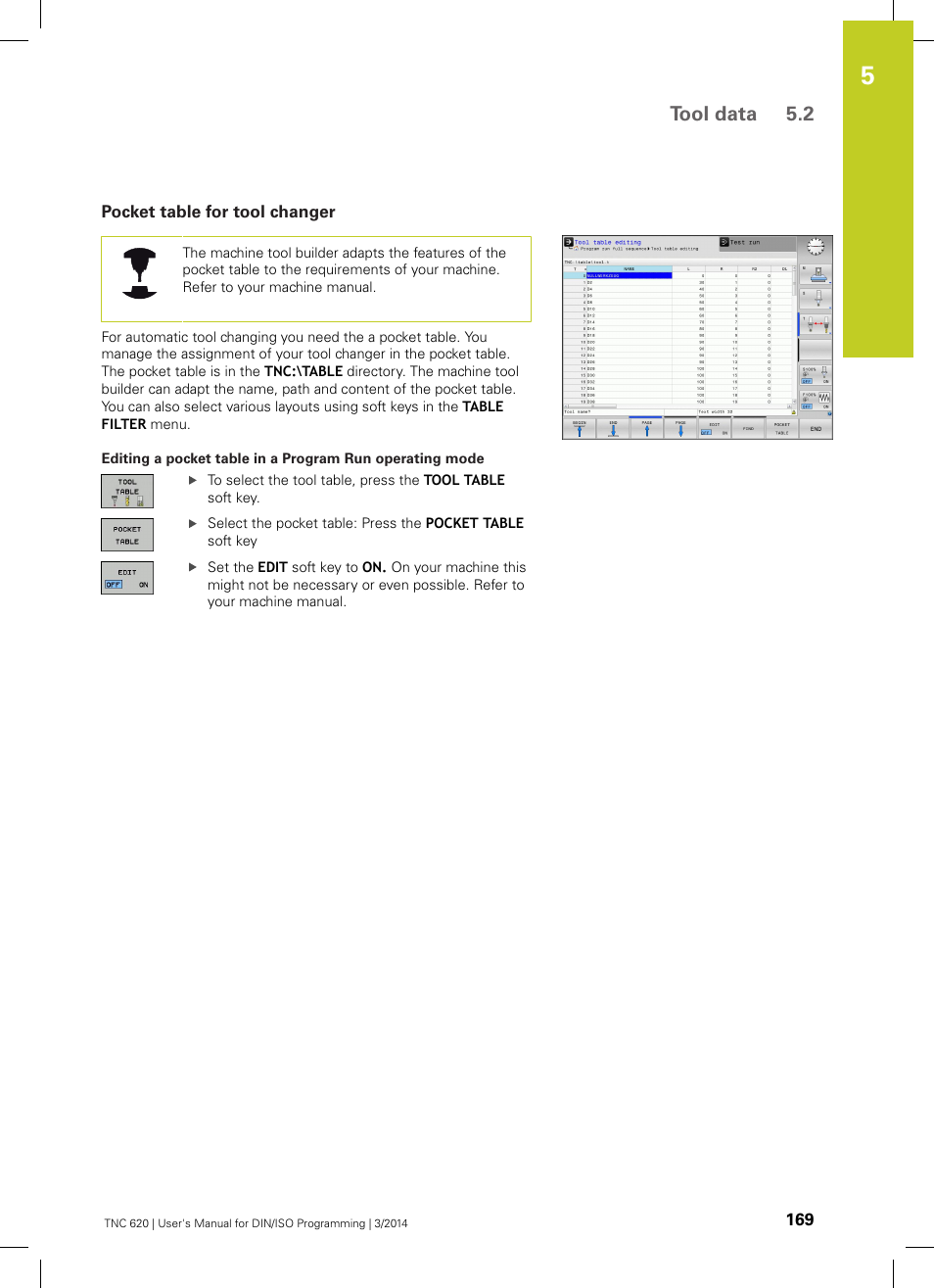 Pocket table for tool changer, Able: see "pocket table for tool, Tool data 5.2 | HEIDENHAIN TNC 620 (81760x-01) ISO programming User Manual | Page 169 / 584