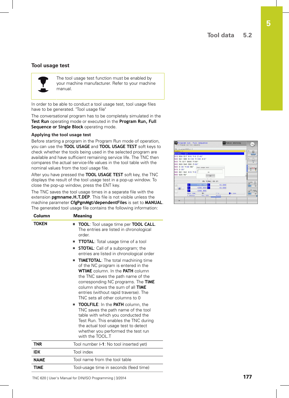 Tool usage test, Tool data 5.2 | HEIDENHAIN TNC 620 (81760x-01) ISO programming User Manual | Page 177 / 584