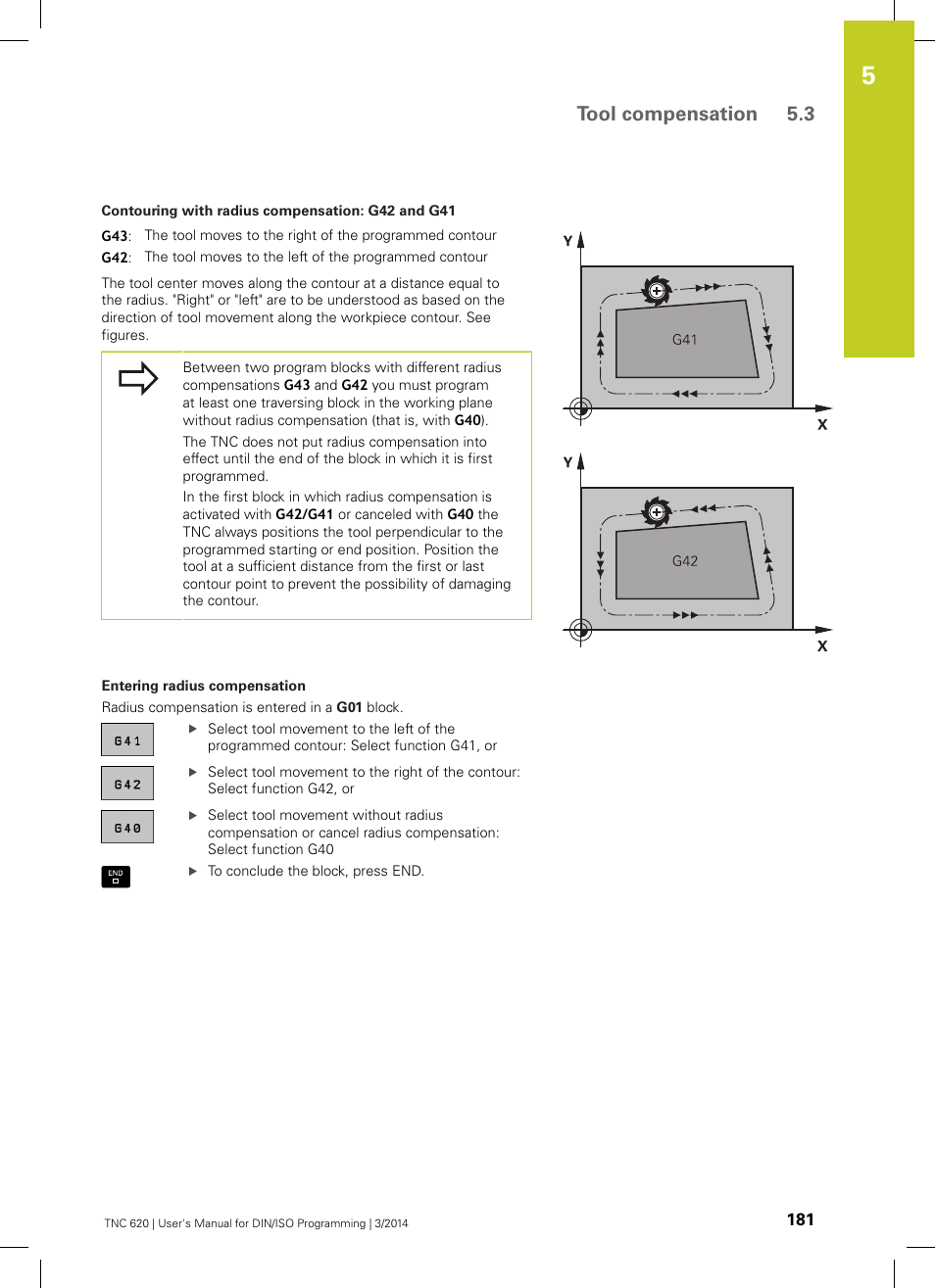 Tool compensation 5.3 | HEIDENHAIN TNC 620 (81760x-01) ISO programming User Manual | Page 181 / 584