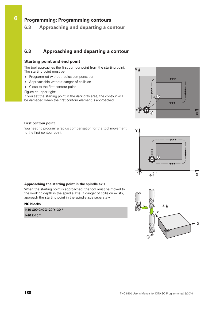3 approaching and departing a contour, Starting point and end point, Approaching and departing a contour | HEIDENHAIN TNC 620 (81760x-01) ISO programming User Manual | Page 188 / 584