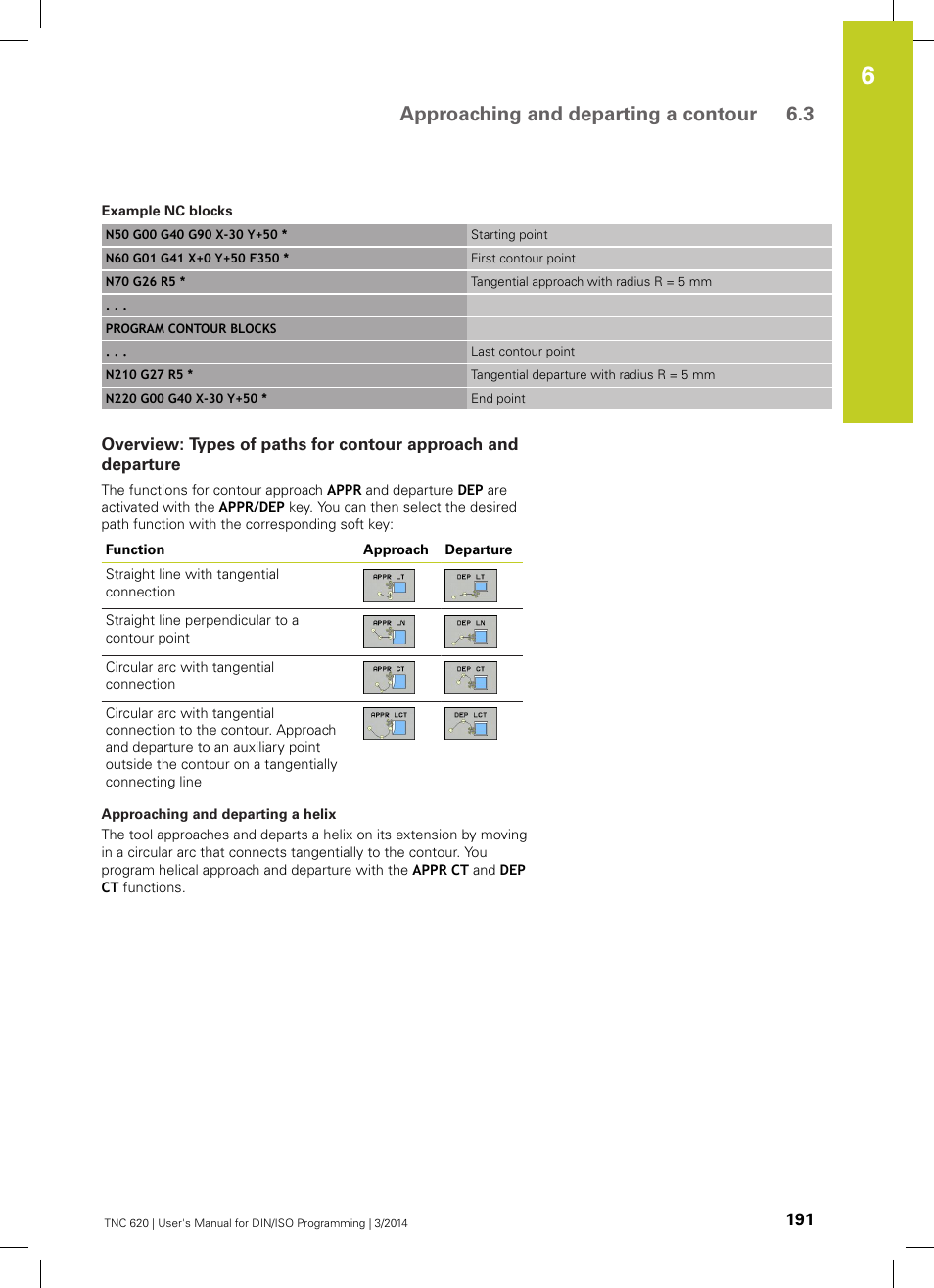 Approaching and departing a contour 6.3 | HEIDENHAIN TNC 620 (81760x-01) ISO programming User Manual | Page 191 / 584