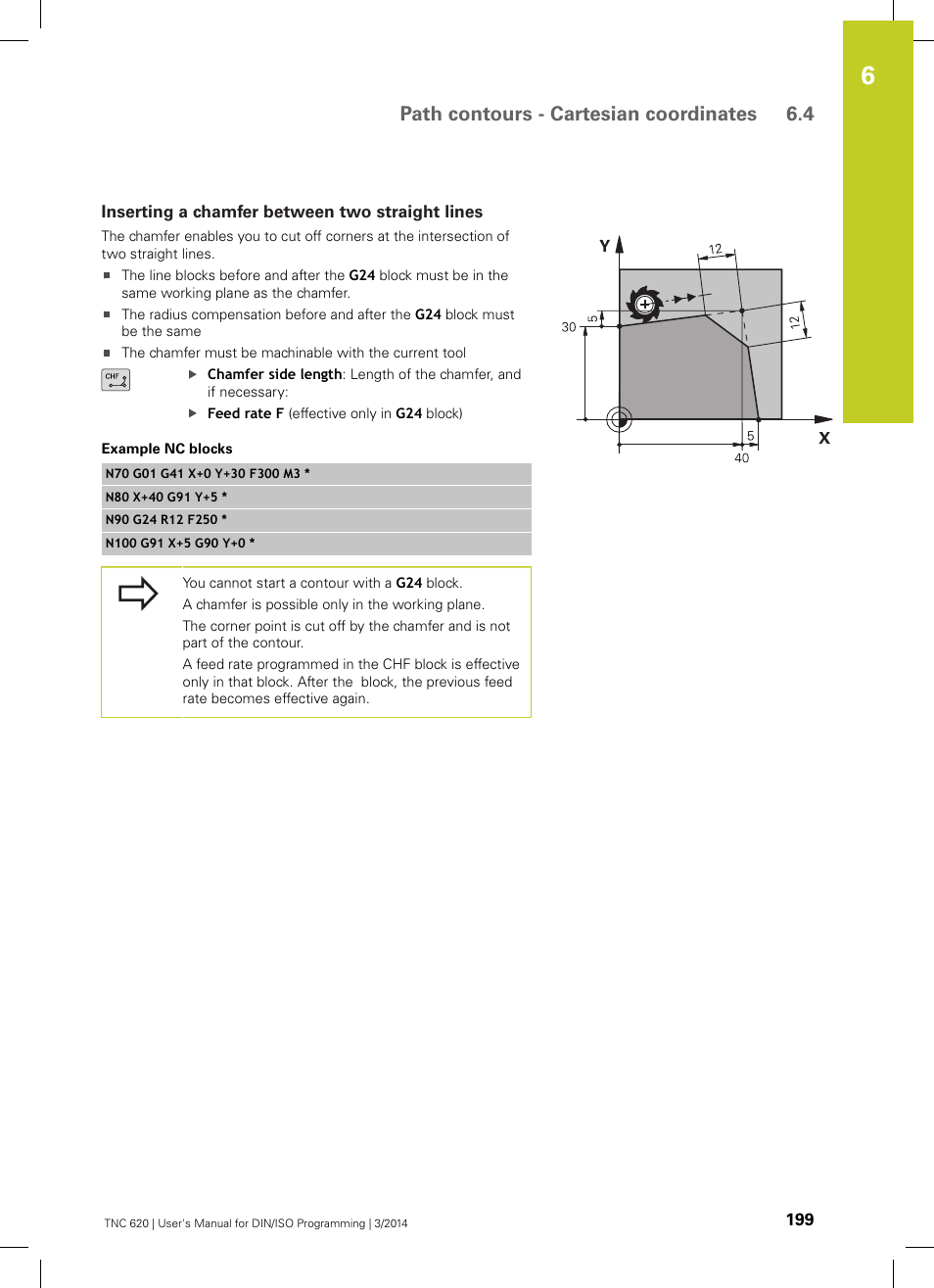 Inserting a chamfer between two straight lines, Path contours - cartesian coordinates 6.4 | HEIDENHAIN TNC 620 (81760x-01) ISO programming User Manual | Page 199 / 584