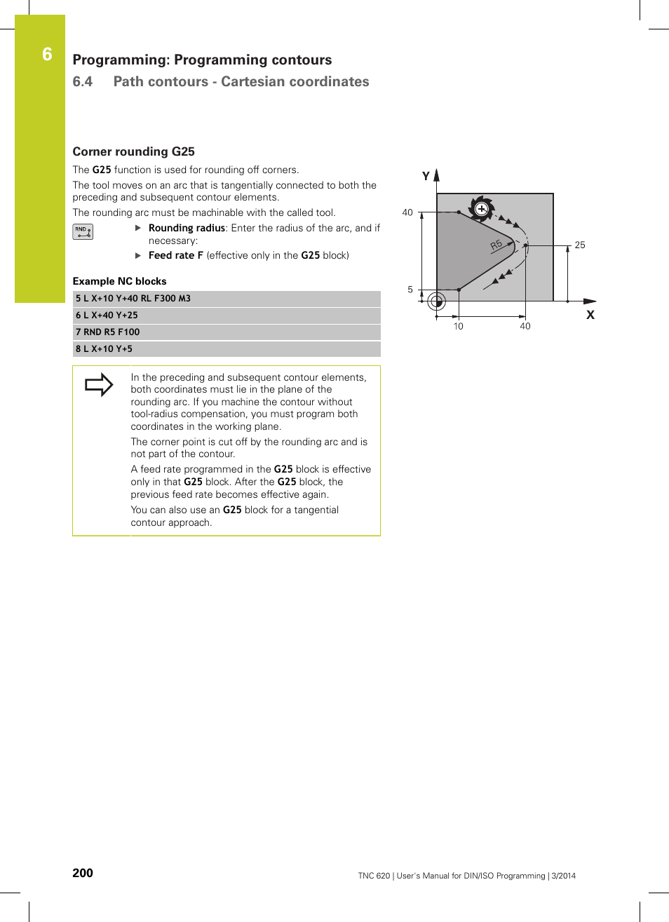 Corner rounding g25 | HEIDENHAIN TNC 620 (81760x-01) ISO programming User Manual | Page 200 / 584