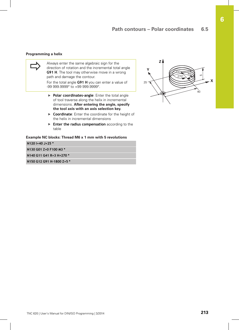 Path contours – polar coordinates 6.5 | HEIDENHAIN TNC 620 (81760x-01) ISO programming User Manual | Page 213 / 584