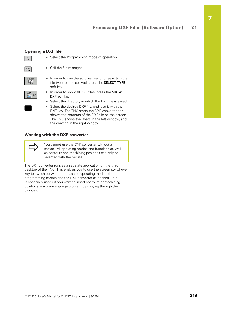 Opening a dxf file, Working with the dxf converter, Processing dxf files (software option) 7.1 | HEIDENHAIN TNC 620 (81760x-01) ISO programming User Manual | Page 219 / 584