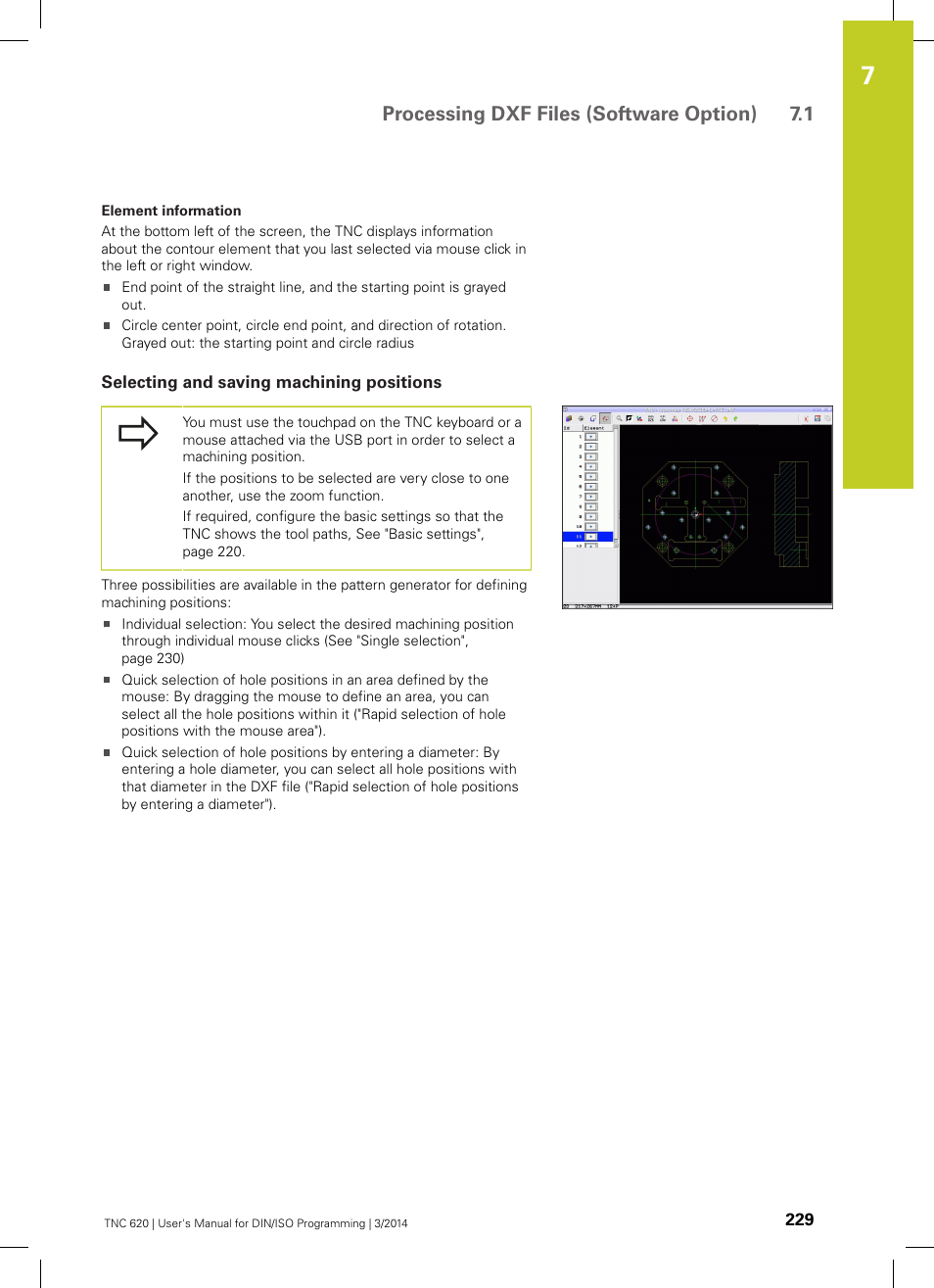 Selecting and saving machining positions, Processing dxf files (software option) 7.1 | HEIDENHAIN TNC 620 (81760x-01) ISO programming User Manual | Page 229 / 584