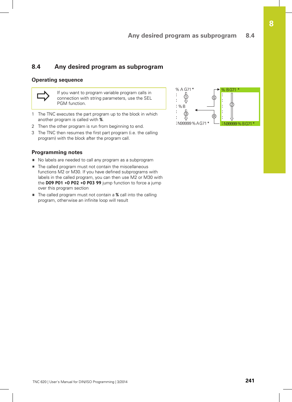 4 any desired program as subprogram, Operating sequence, Programming notes | Any desired program as subprogram, Any desired program as subprogram 8.4 | HEIDENHAIN TNC 620 (81760x-01) ISO programming User Manual | Page 241 / 584