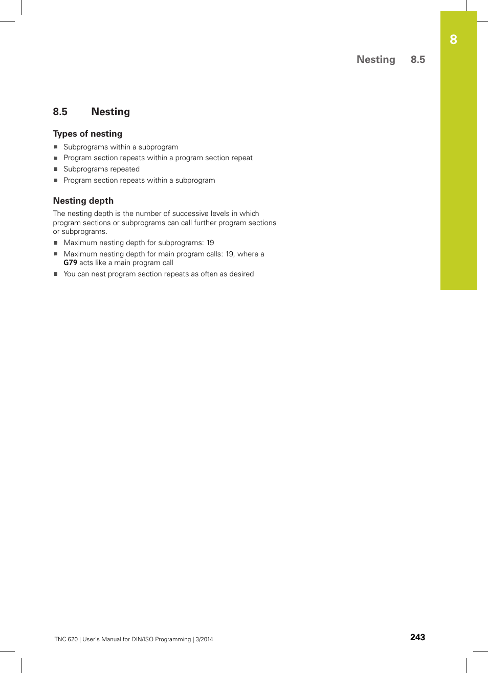 5 nesting, Types of nesting, Nesting depth | Nesting | HEIDENHAIN TNC 620 (81760x-01) ISO programming User Manual | Page 243 / 584