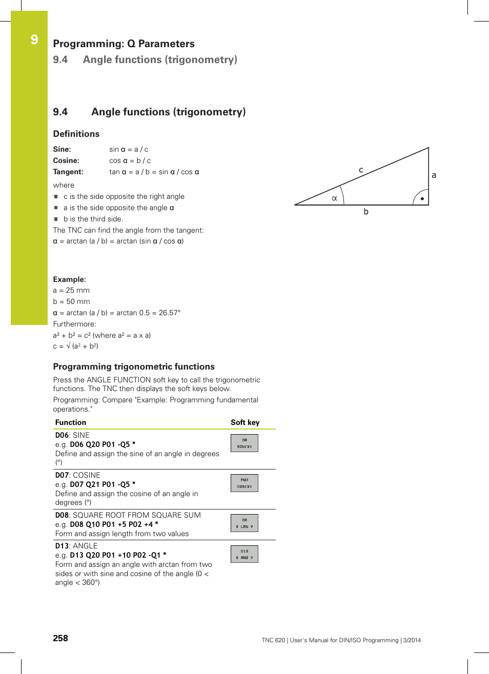4 angle functions (trigonometry), Definitions, Programming trigonometric functions | Angle functions (trigonometry) | HEIDENHAIN TNC 620 (81760x-01) ISO programming User Manual | Page 258 / 584
