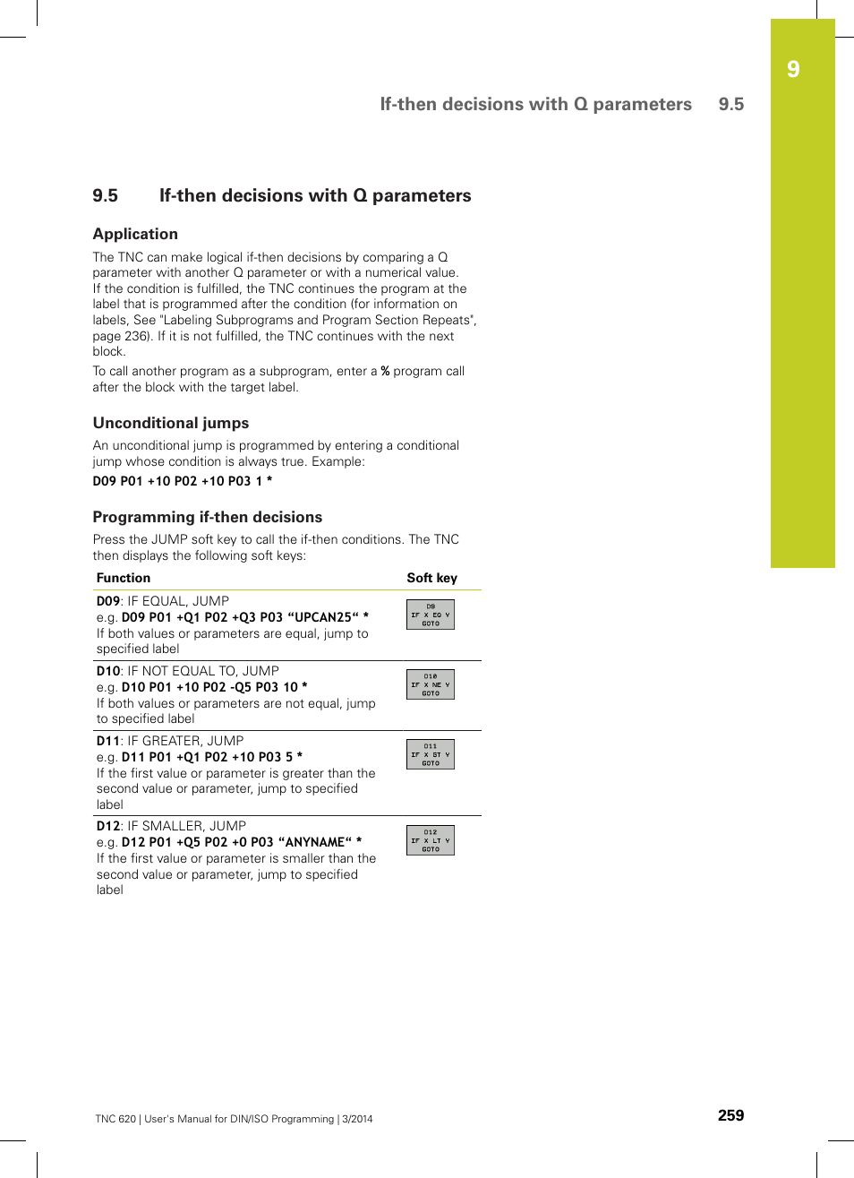 5 if-then decisions with q parameters, Application, Unconditional jumps | Programming if-then decisions, If-then decisions with q parameters, If-then decisions with q parameters 9.5 | HEIDENHAIN TNC 620 (81760x-01) ISO programming User Manual | Page 259 / 584