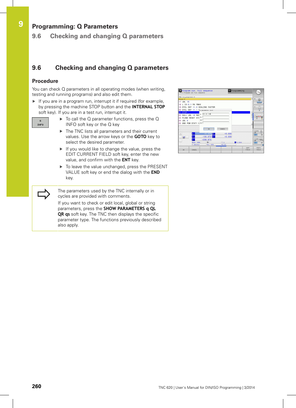 6 checking and changing q parameters, Procedure, Checking and changing q parameters | HEIDENHAIN TNC 620 (81760x-01) ISO programming User Manual | Page 260 / 584