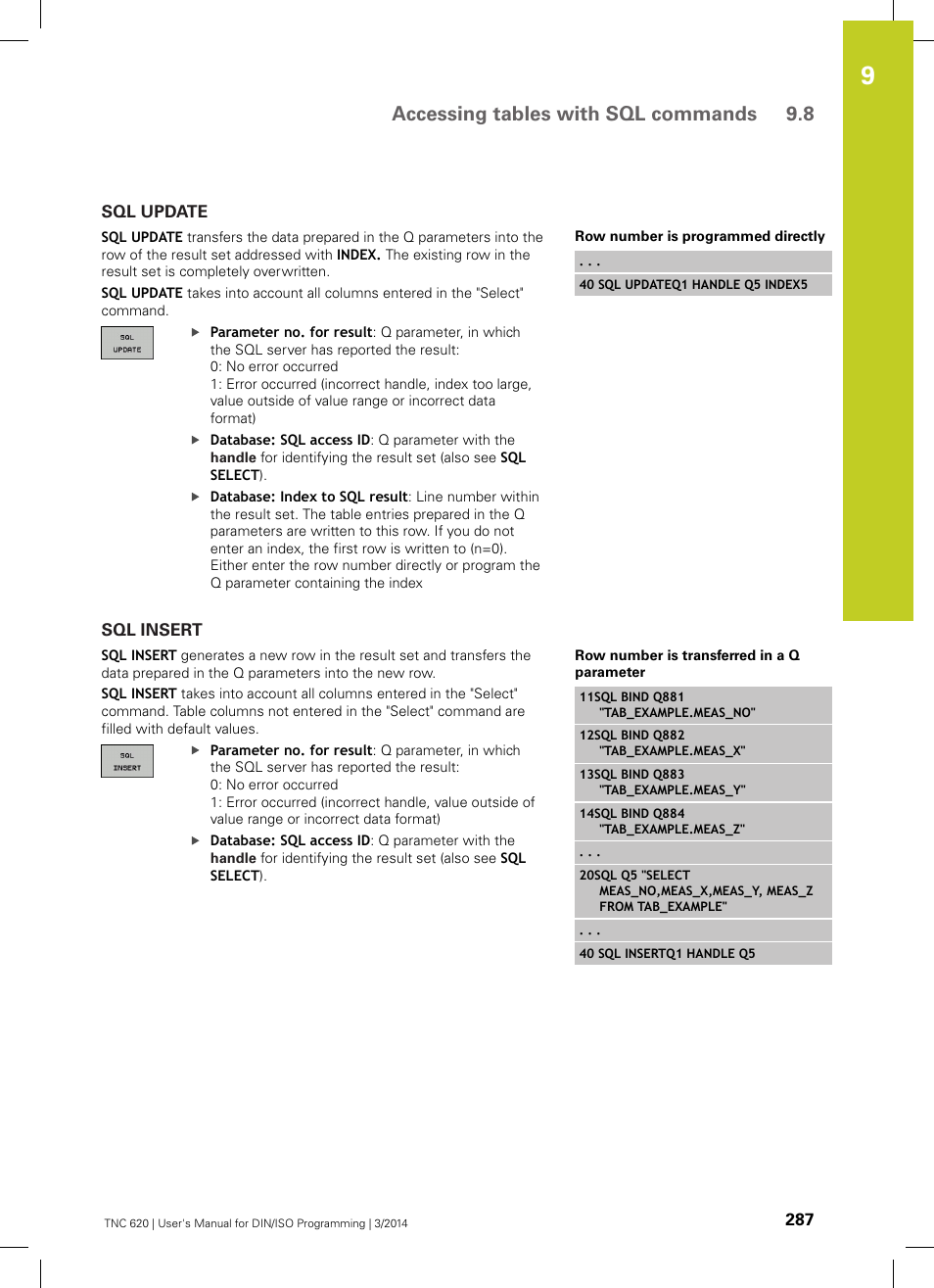 Sql update, Sql insert, Accessing tables with sql commands 9.8 | HEIDENHAIN TNC 620 (81760x-01) ISO programming User Manual | Page 287 / 584