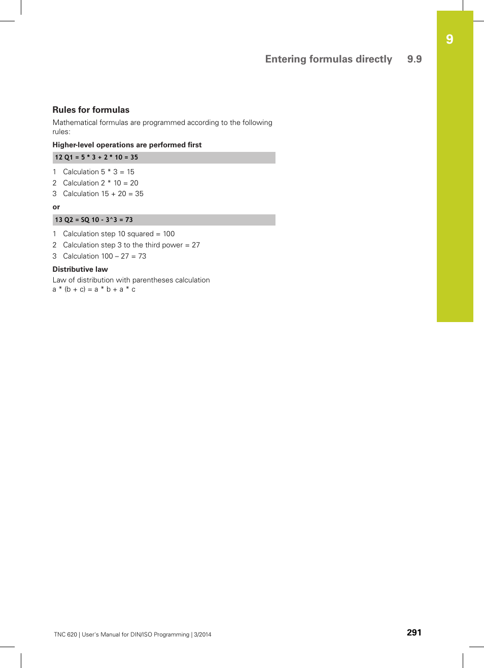 Rules for formulas, Entering formulas directly 9.9 | HEIDENHAIN TNC 620 (81760x-01) ISO programming User Manual | Page 291 / 584