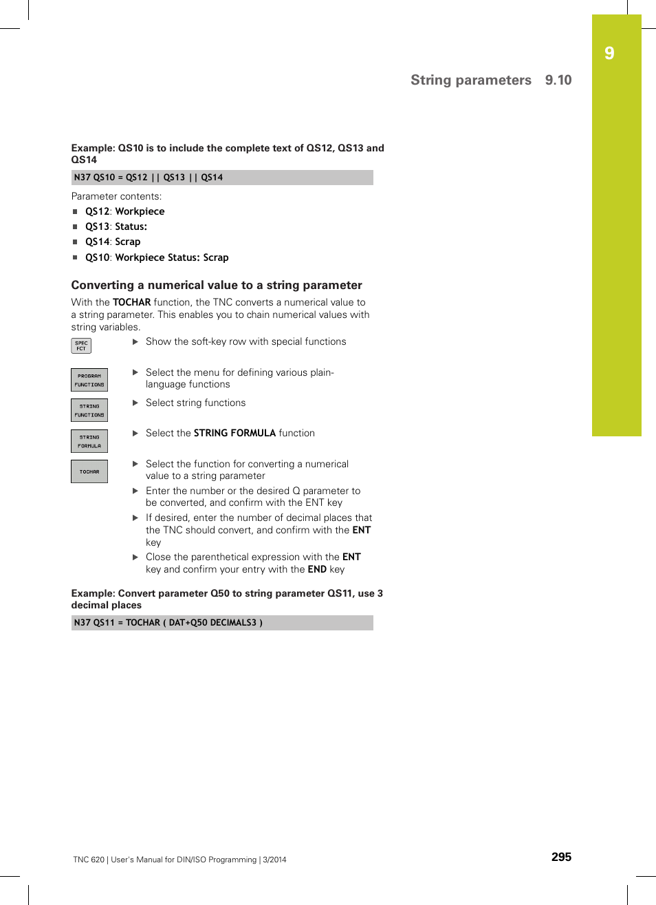 Converting a numerical value to a string parameter, String parameters 9.10 | HEIDENHAIN TNC 620 (81760x-01) ISO programming User Manual | Page 295 / 584