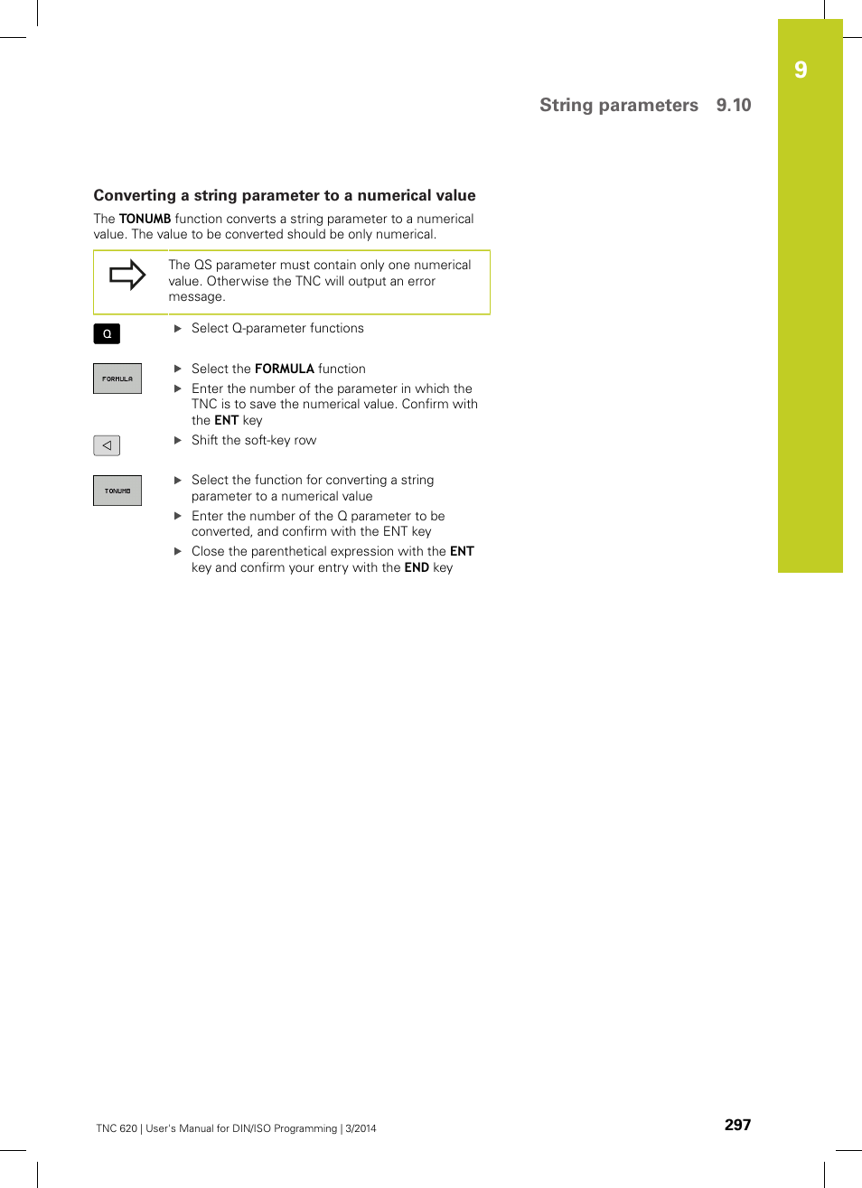 Converting a string parameter to a numerical value, String parameters 9.10 | HEIDENHAIN TNC 620 (81760x-01) ISO programming User Manual | Page 297 / 584