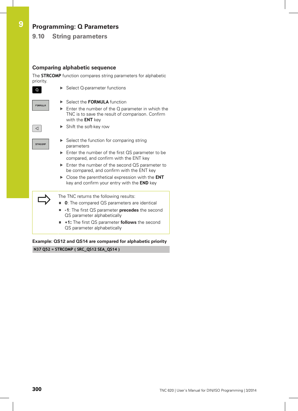 Comparing alphabetic sequence, Programming: q parameters 9.10 string parameters | HEIDENHAIN TNC 620 (81760x-01) ISO programming User Manual | Page 300 / 584