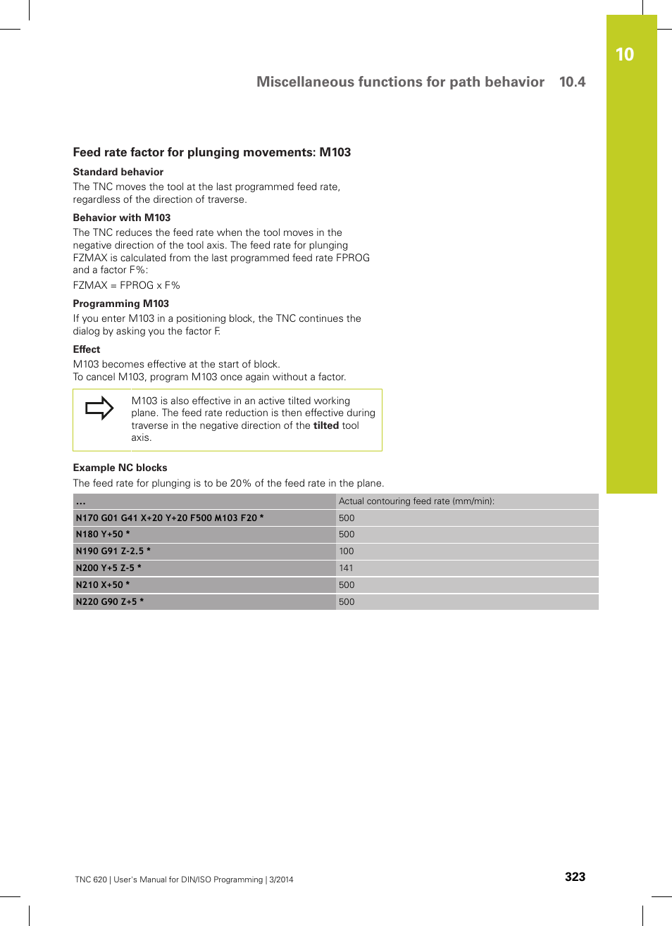 Feed rate factor for plunging movements: m103, Miscellaneous functions for path behavior 10.4 | HEIDENHAIN TNC 620 (81760x-01) ISO programming User Manual | Page 323 / 584