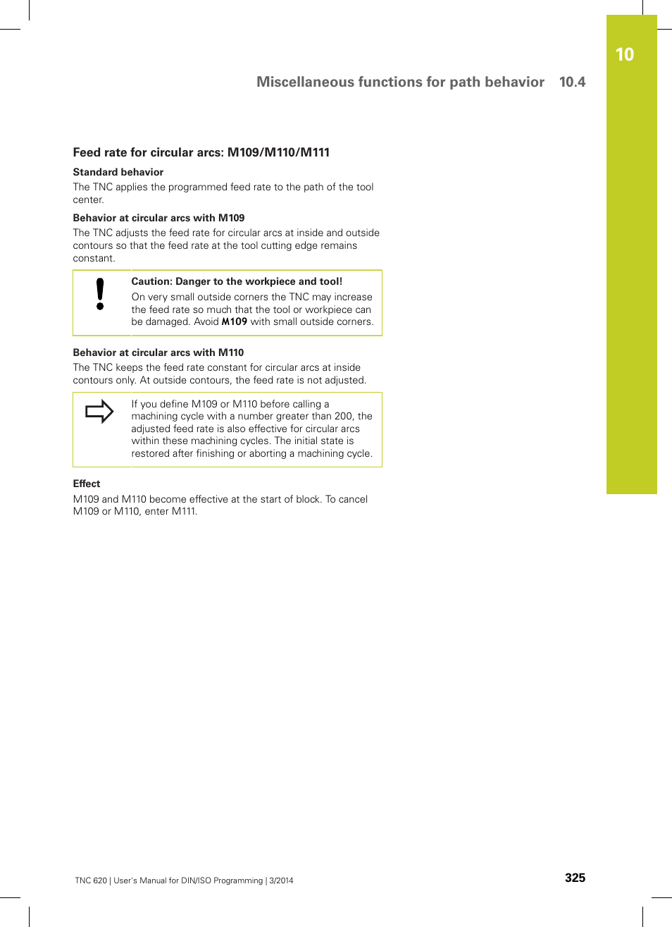 Feed rate for circular arcs: m109/m110/m111, Miscellaneous functions for path behavior 10.4 | HEIDENHAIN TNC 620 (81760x-01) ISO programming User Manual | Page 325 / 584