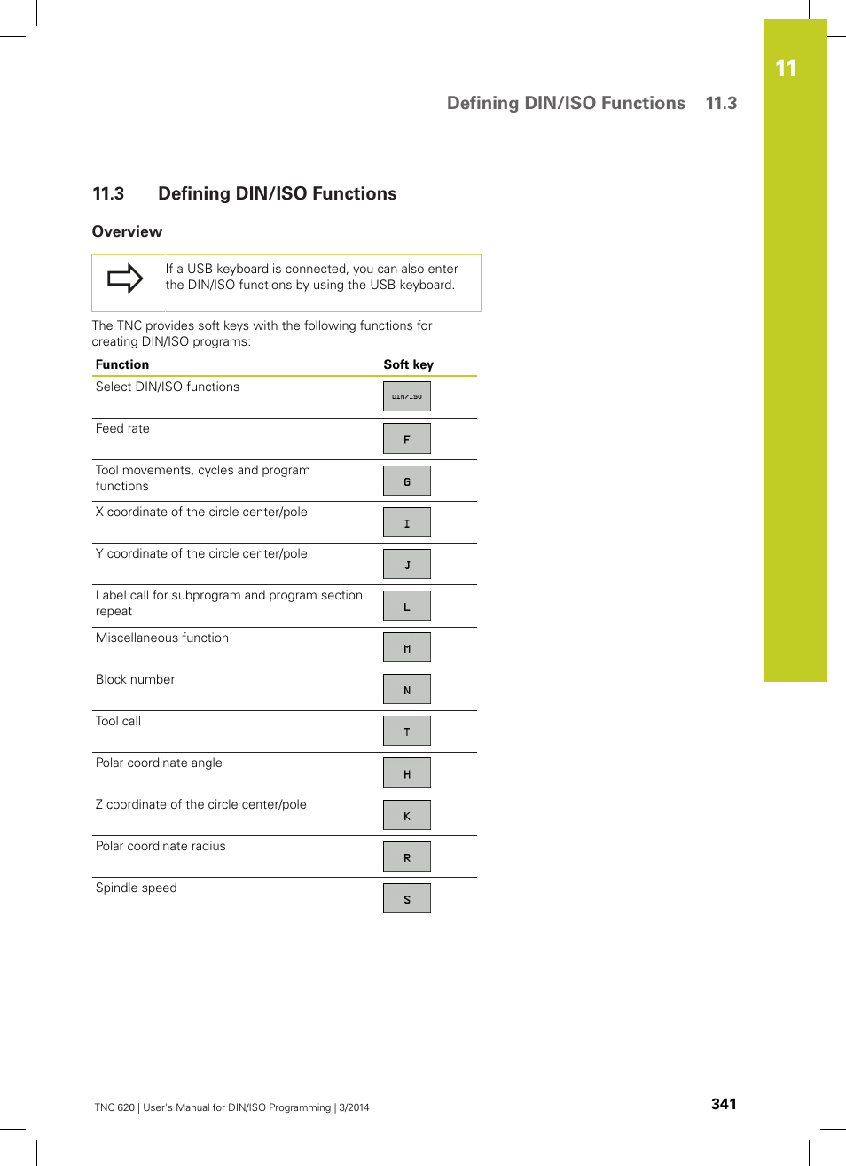 3 defining din/iso functions, Overview, Defining din/iso functions | Defining din/iso functions 11.3 | HEIDENHAIN TNC 620 (81760x-01) ISO programming User Manual | Page 341 / 584