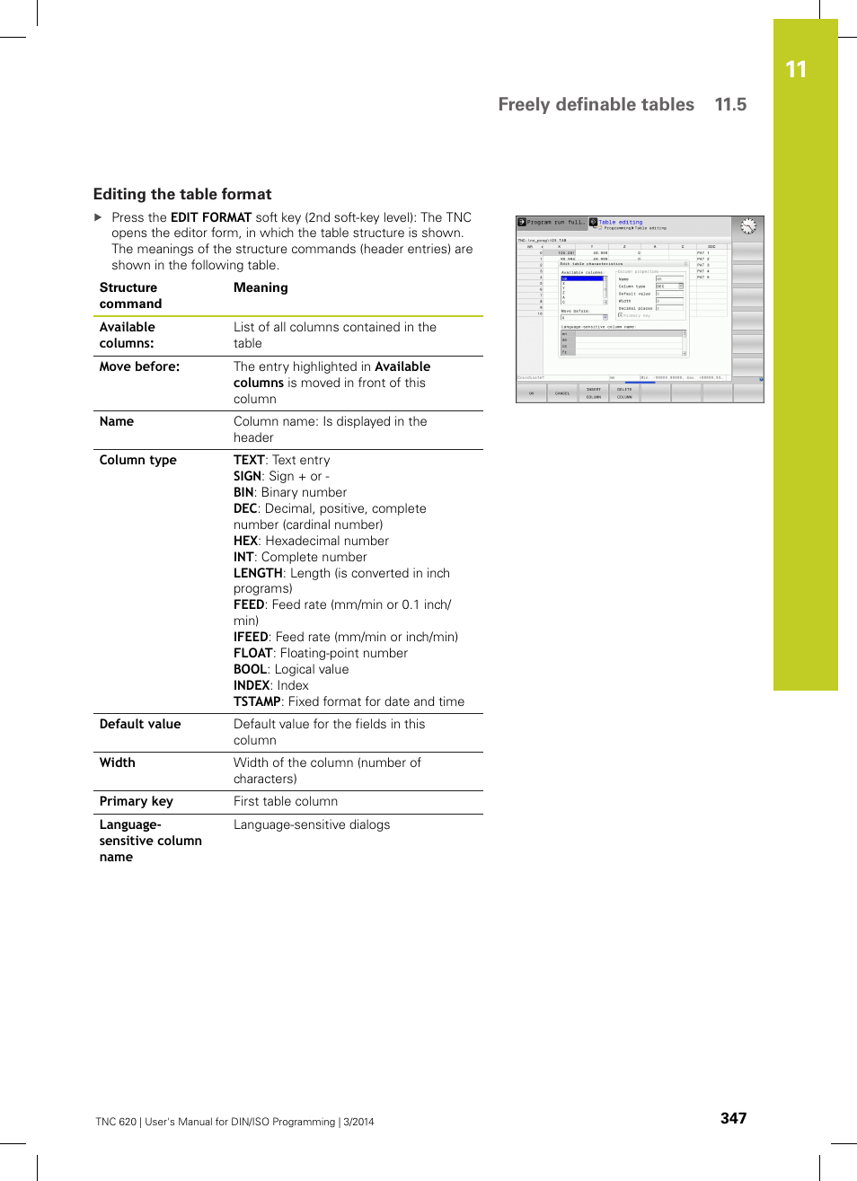 Editing the table format, Freely definable tables 11.5 | HEIDENHAIN TNC 620 (81760x-01) ISO programming User Manual | Page 347 / 584