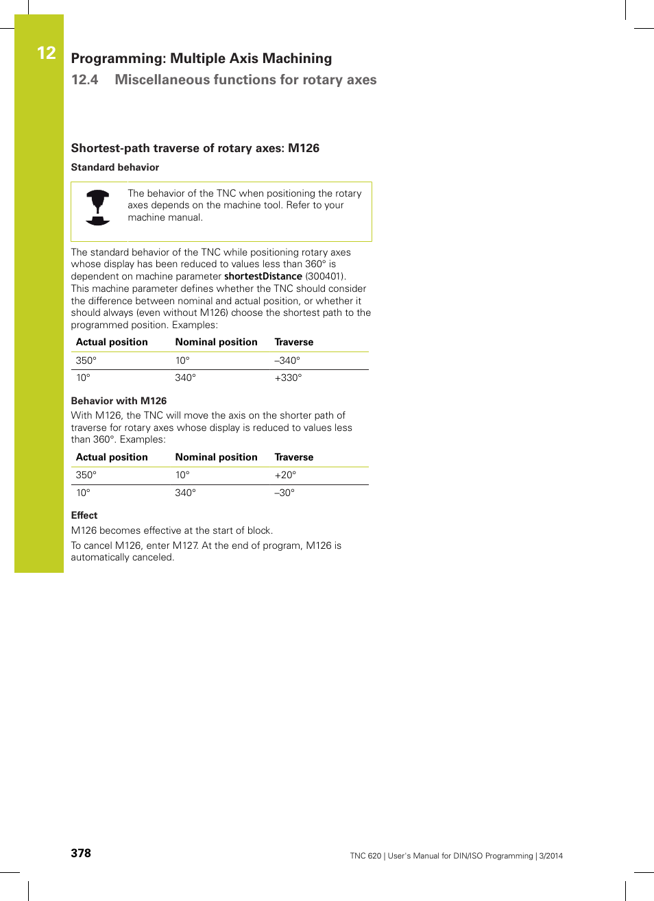 Shortest-path traverse of rotary axes: m126 | HEIDENHAIN TNC 620 (81760x-01) ISO programming User Manual | Page 378 / 584