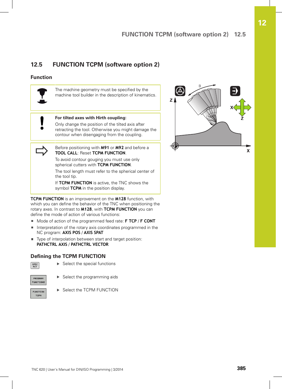 5 function tcpm (software option 2), Function, Defining the tcpm function | Function tcpm (software option 2), Function tcpm (software option 2) 12.5 | HEIDENHAIN TNC 620 (81760x-01) ISO programming User Manual | Page 385 / 584