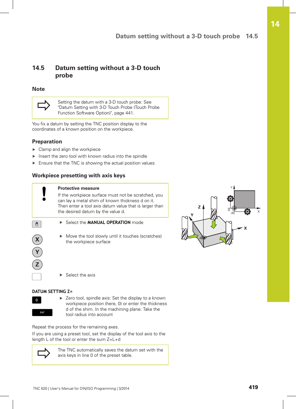 5 datum setting without a 3-d touch probe, Note, Preparation | Workpiece presetting with axis keys, Datum setting without a 3-d touch probe, Datum setting without a 3-d touch probe 14.5 | HEIDENHAIN TNC 620 (81760x-01) ISO programming User Manual | Page 419 / 584