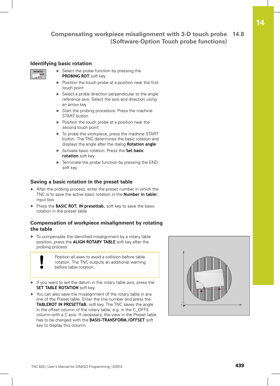 Identifying basic rotation, Saving a basic rotation in the preset table, Compensation of | HEIDENHAIN TNC 620 (81760x-01) ISO programming User Manual | Page 439 / 584