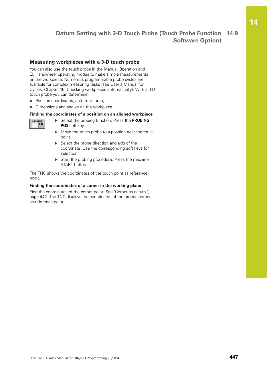 Measuring workpieces with a 3-d touch probe | HEIDENHAIN TNC 620 (81760x-01) ISO programming User Manual | Page 447 / 584