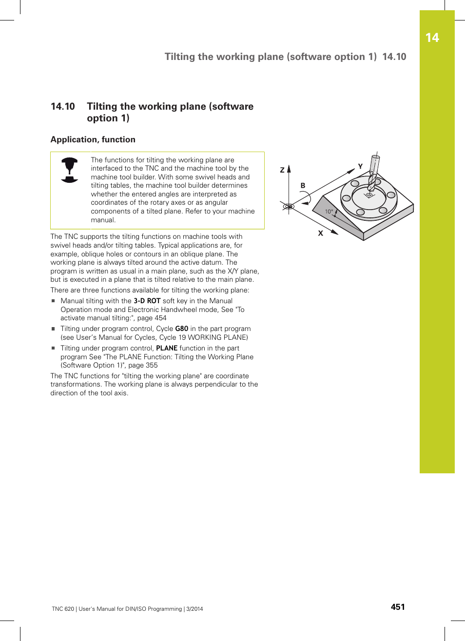 10 tilting the working plane (software option 1), Application, function, Tilting the working plane (software option 1) | HEIDENHAIN TNC 620 (81760x-01) ISO programming User Manual | Page 451 / 584