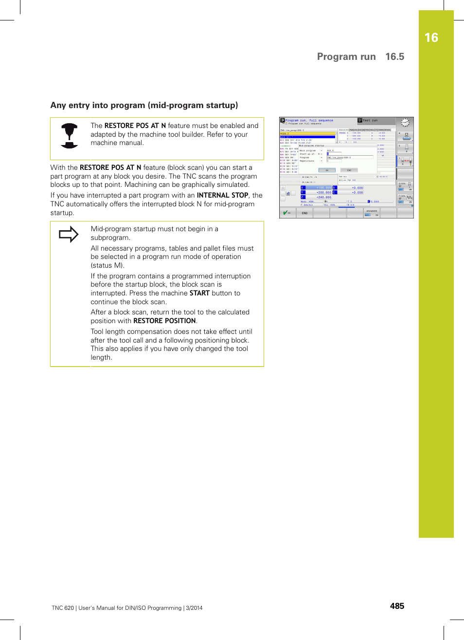 Any entry into program (mid-program startup), Program run 16.5 | HEIDENHAIN TNC 620 (81760x-01) ISO programming User Manual | Page 485 / 584