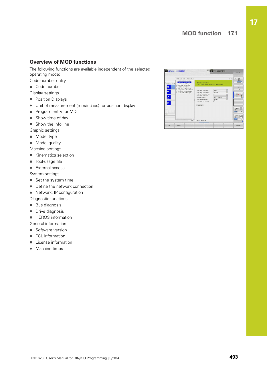 Overview of mod functions, Mod function 17.1 | HEIDENHAIN TNC 620 (81760x-01) ISO programming User Manual | Page 493 / 584