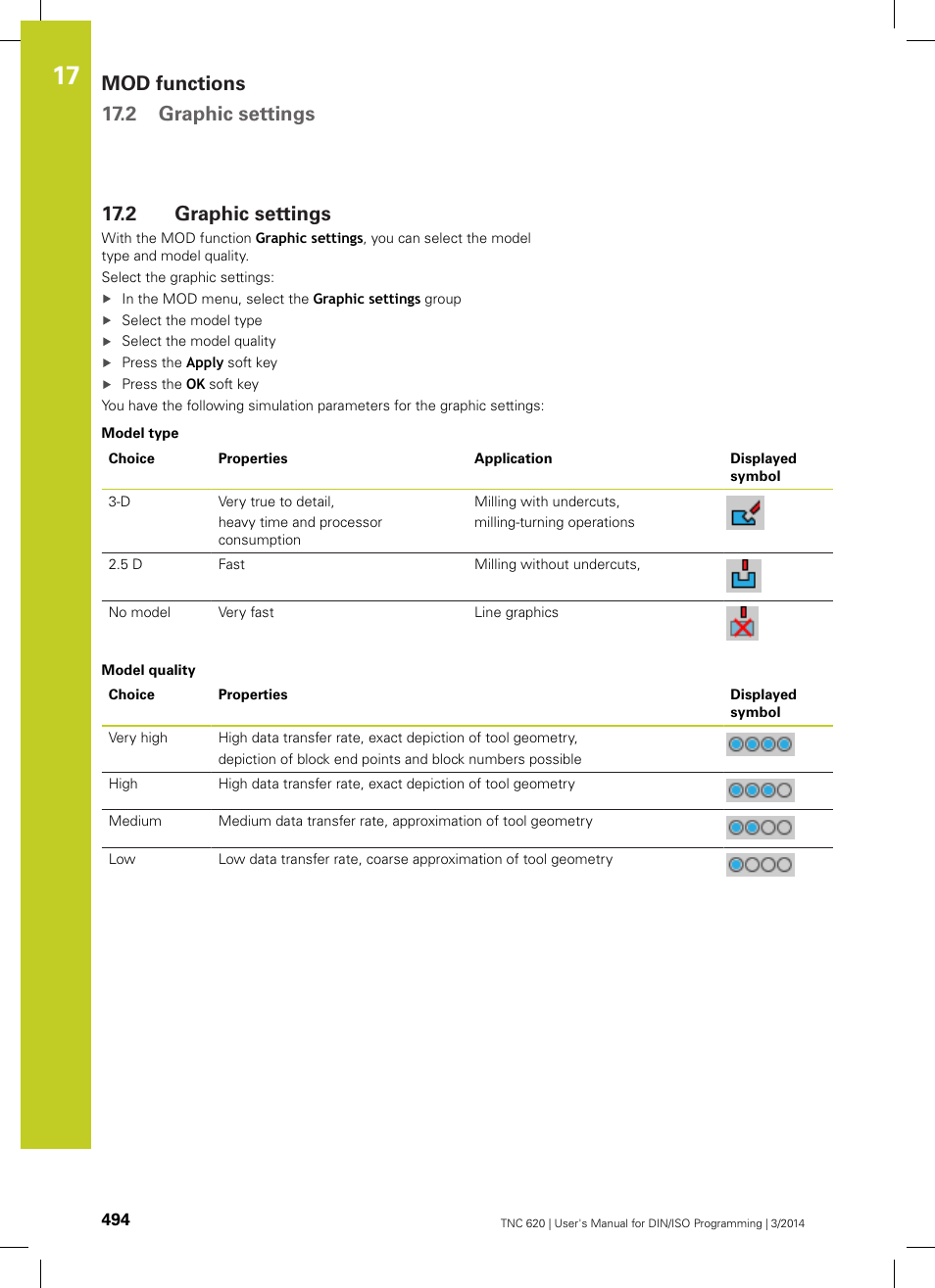 2 graphic settings, Tings" ("graphic settings, Graphic settings | Mod functions 17.2 graphic settings | HEIDENHAIN TNC 620 (81760x-01) ISO programming User Manual | Page 494 / 584