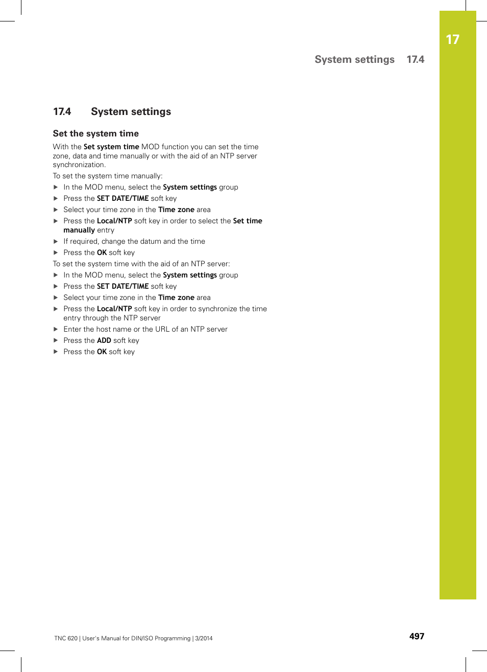 4 system settings, Set the system time, System settings | System settings 17.4 | HEIDENHAIN TNC 620 (81760x-01) ISO programming User Manual | Page 497 / 584