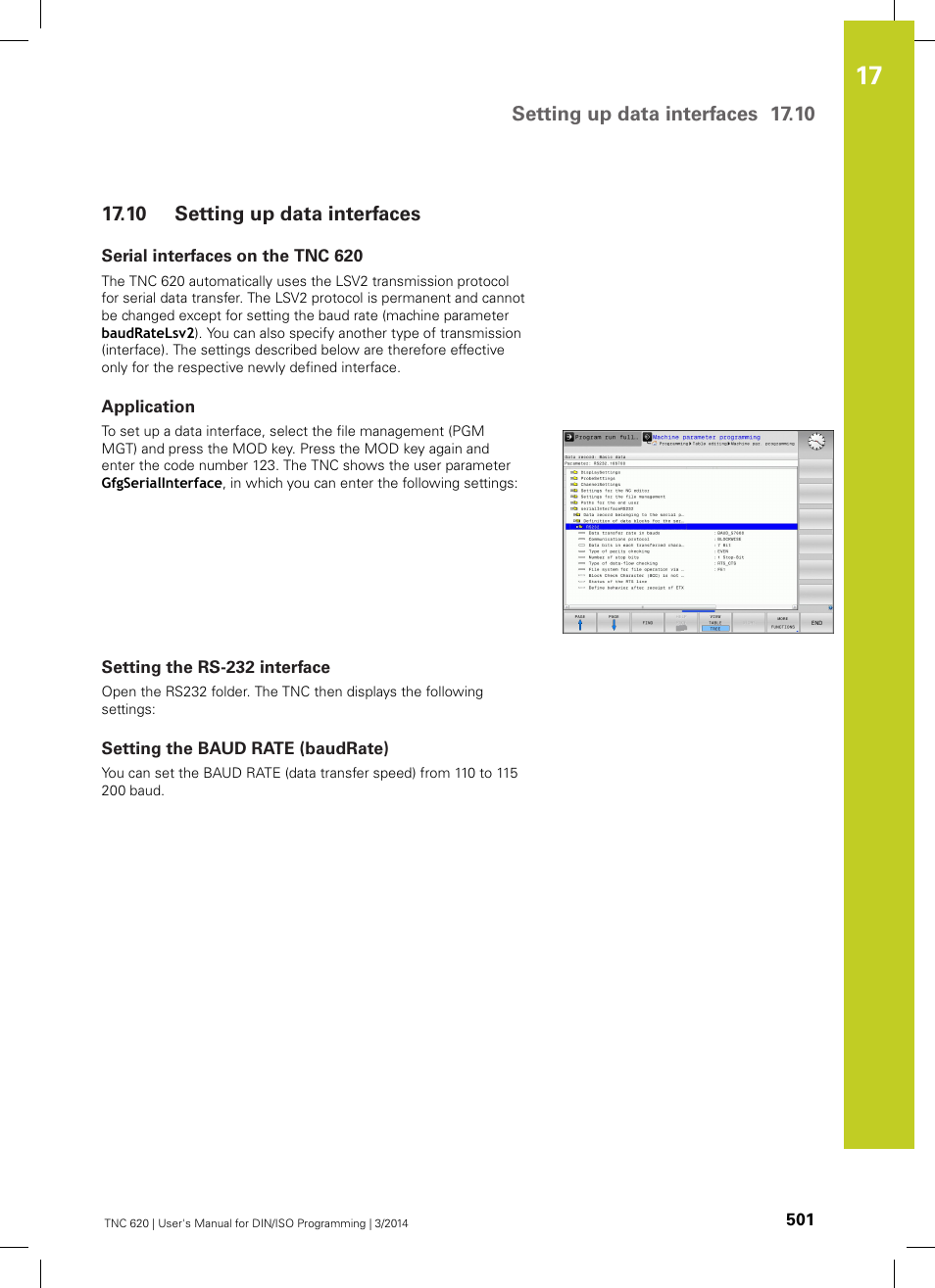 10 setting up data interfaces, Serial interfaces on the tnc 620, Application | Setting the rs-232 interface, Setting the baud rate (baudrate), Setting up data interfaces, Setting up data interfaces 17.10 | HEIDENHAIN TNC 620 (81760x-01) ISO programming User Manual | Page 501 / 584