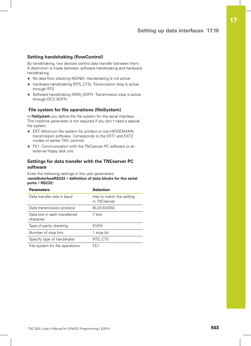 Setting handshaking (flowcontrol), File system for file operations (filesystem), Setting up data interfaces 17.10 | HEIDENHAIN TNC 620 (81760x-01) ISO programming User Manual | Page 503 / 584