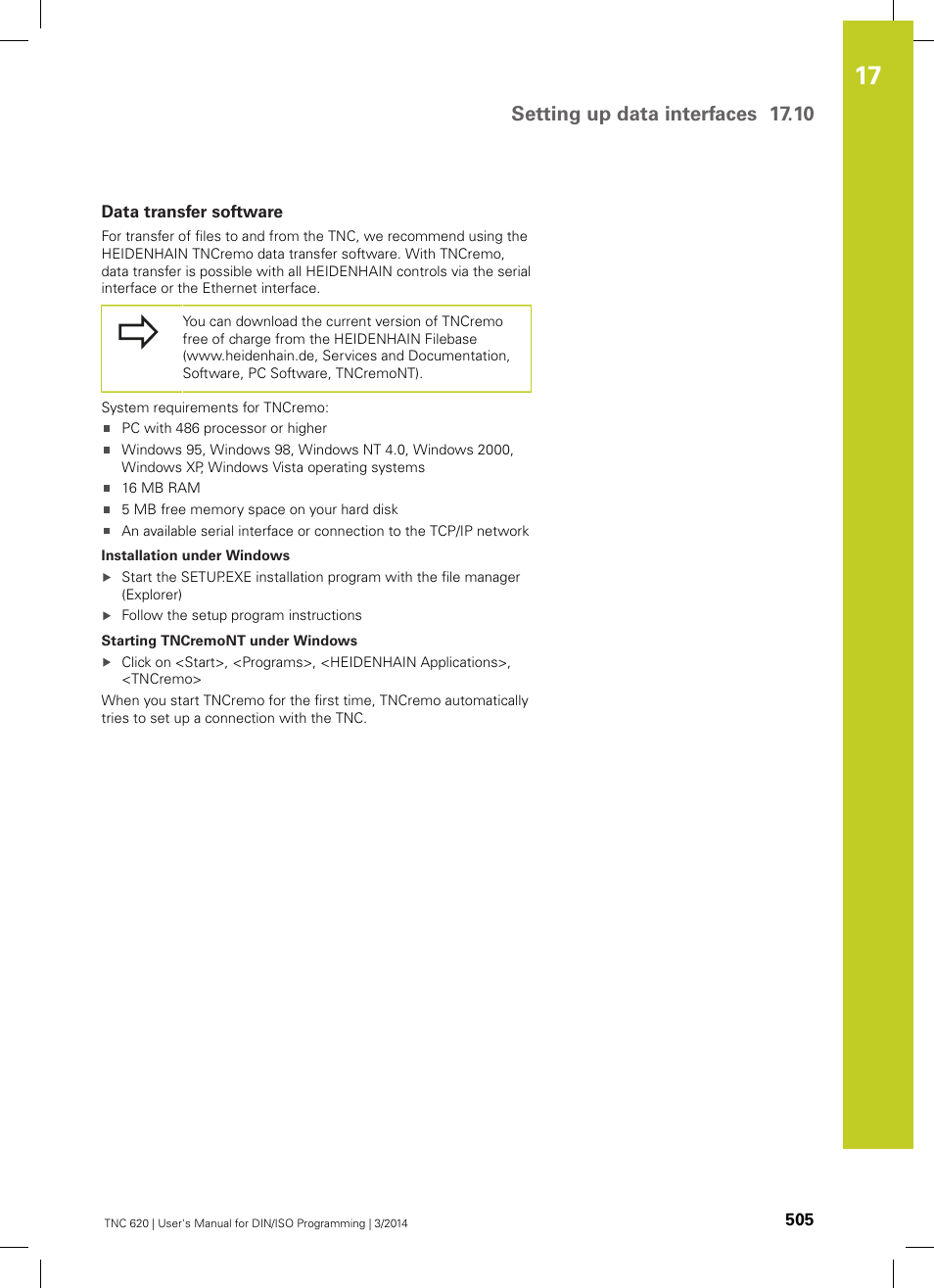 Data transfer software, Setting up data interfaces 17.10 | HEIDENHAIN TNC 620 (81760x-01) ISO programming User Manual | Page 505 / 584