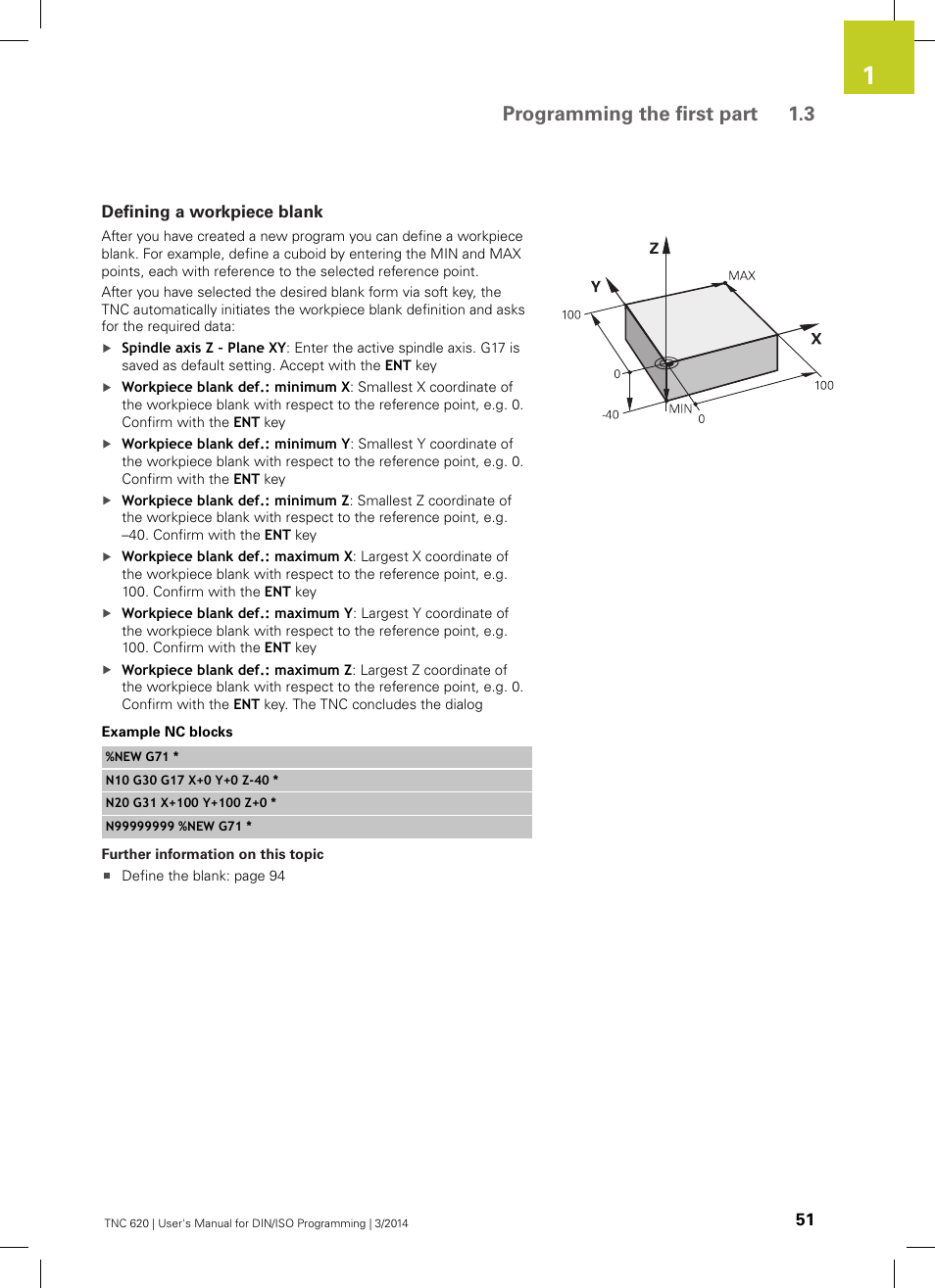 Defining a workpiece blank, Programming the first part 1.3 | HEIDENHAIN TNC 620 (81760x-01) ISO programming User Manual | Page 51 / 584