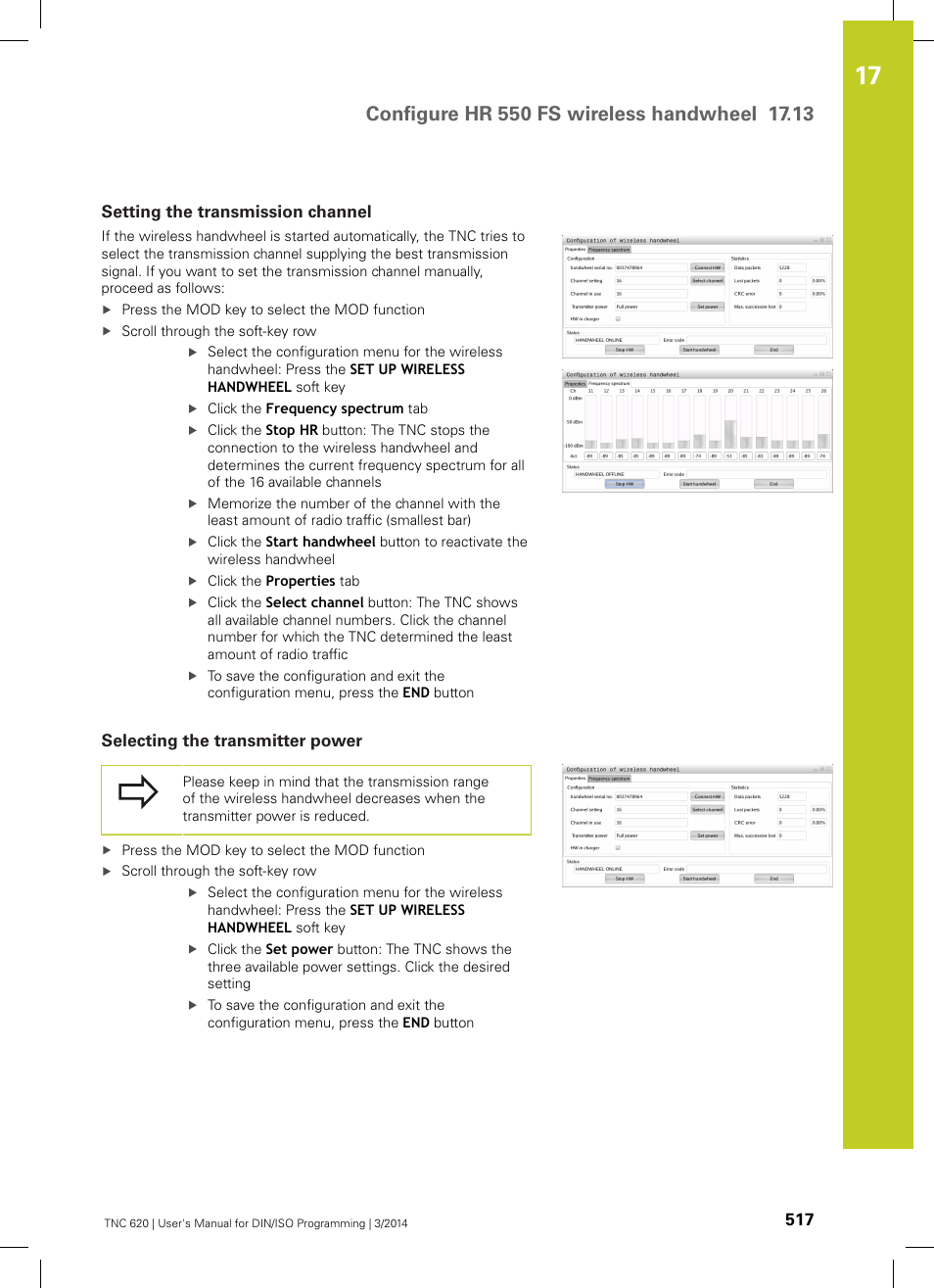Setting the transmission channel, Selecting the transmitter power | HEIDENHAIN TNC 620 (81760x-01) ISO programming User Manual | Page 517 / 584