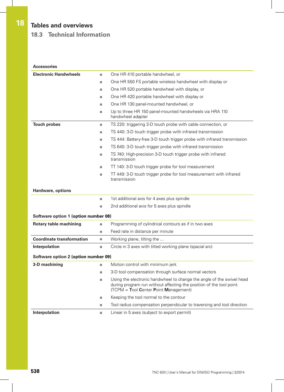 Tables and overviews 18.3 technical information | HEIDENHAIN TNC 620 (81760x-01) ISO programming User Manual | Page 538 / 584