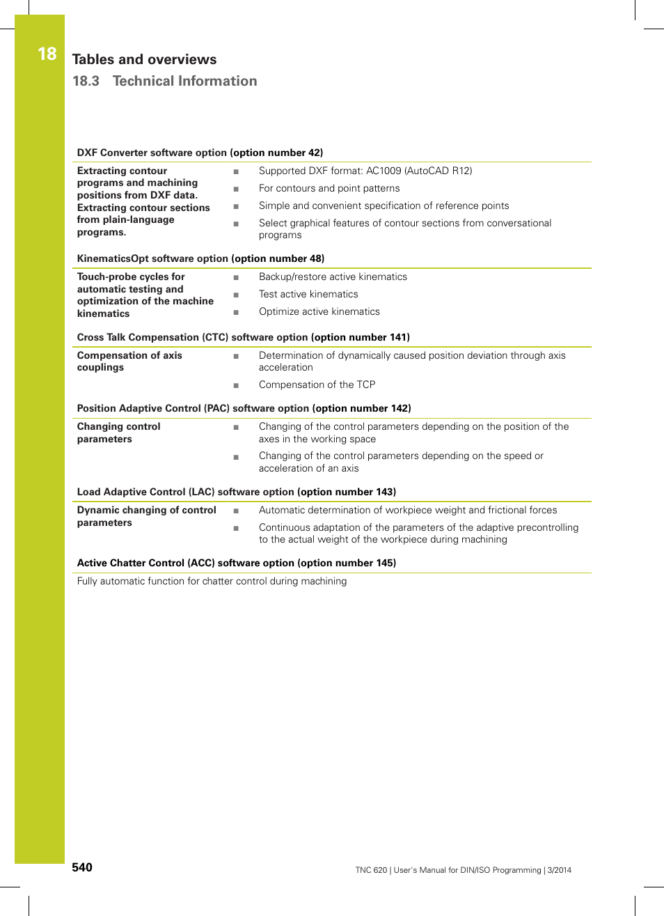 Tables and overviews 18.3 technical information | HEIDENHAIN TNC 620 (81760x-01) ISO programming User Manual | Page 540 / 584