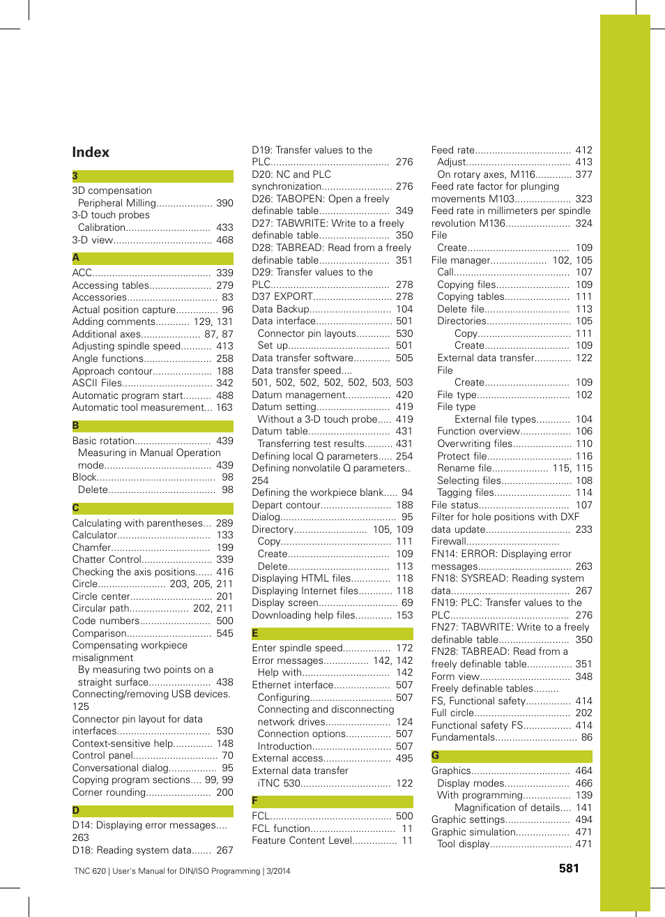 Index | HEIDENHAIN TNC 620 (81760x-01) ISO programming User Manual | Page 581 / 584
